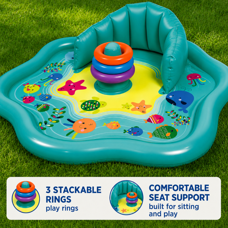 Star-shaped baby pool with three stacking rings, sea animal graphics and an inflatable backrest