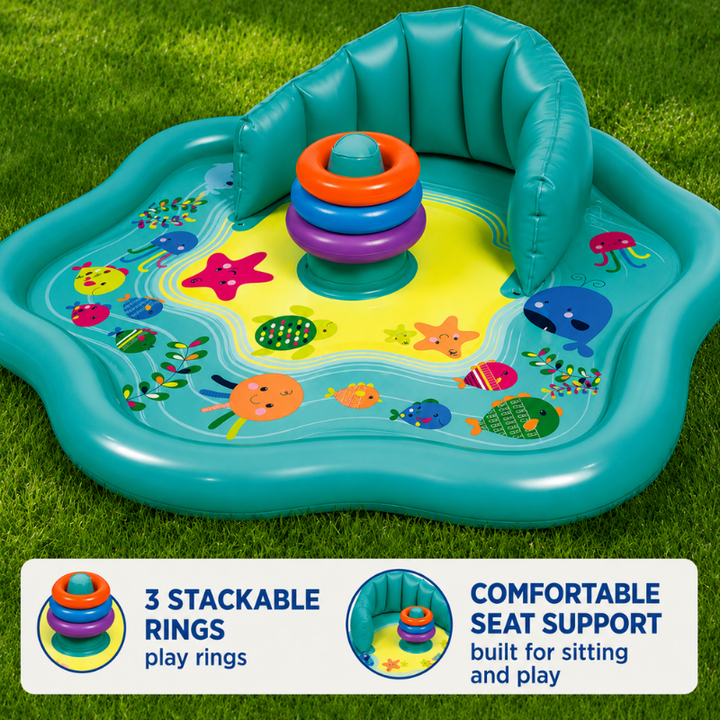 Star-shaped baby pool with three stacking rings, sea animal graphics and an inflatable backrest