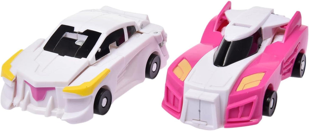 White and pink car forms shown side by side with yellow accents and black wheels