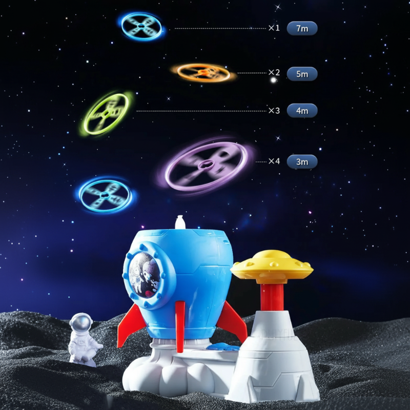 Blue rocket disc launcher and colorful flying discs against a starry background