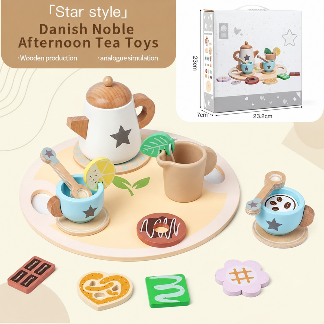 Stars tea set with blue cups, wooden serving pieces, play treats, and a carry-handle box