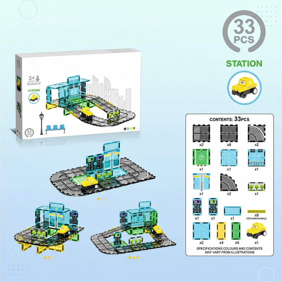 33-piece station magnetic road set with a yellow vehicle, sample layouts, and contents chart