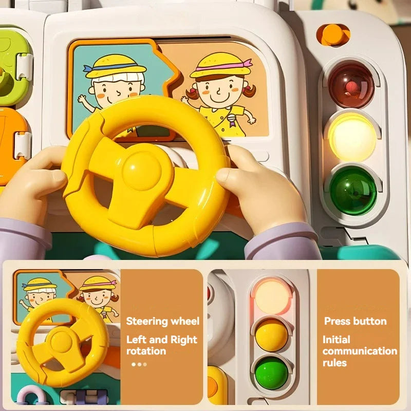 Close-up of hands turning the yellow steering wheel beside the busy board&