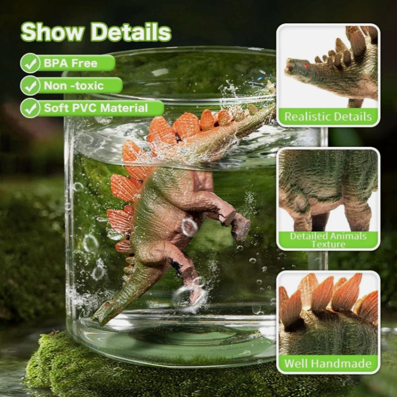Stegosaurus figure shown in water with close-ups of its plates, legs, and textured body.