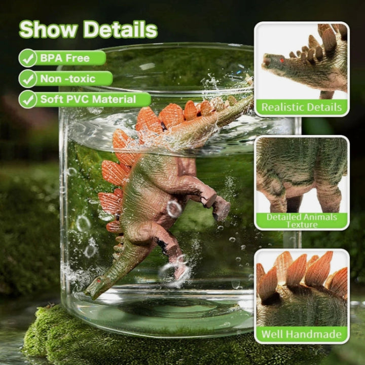 Stegosaurus figure shown in water with close-ups of its plates, legs, and textured body.