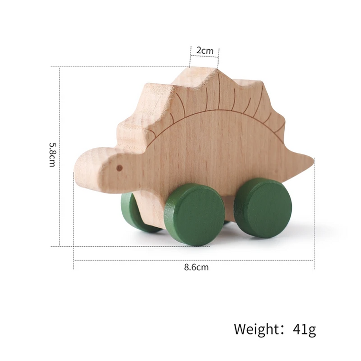 Stegosaurus wooden toy car with green wheels and a measurement diagram