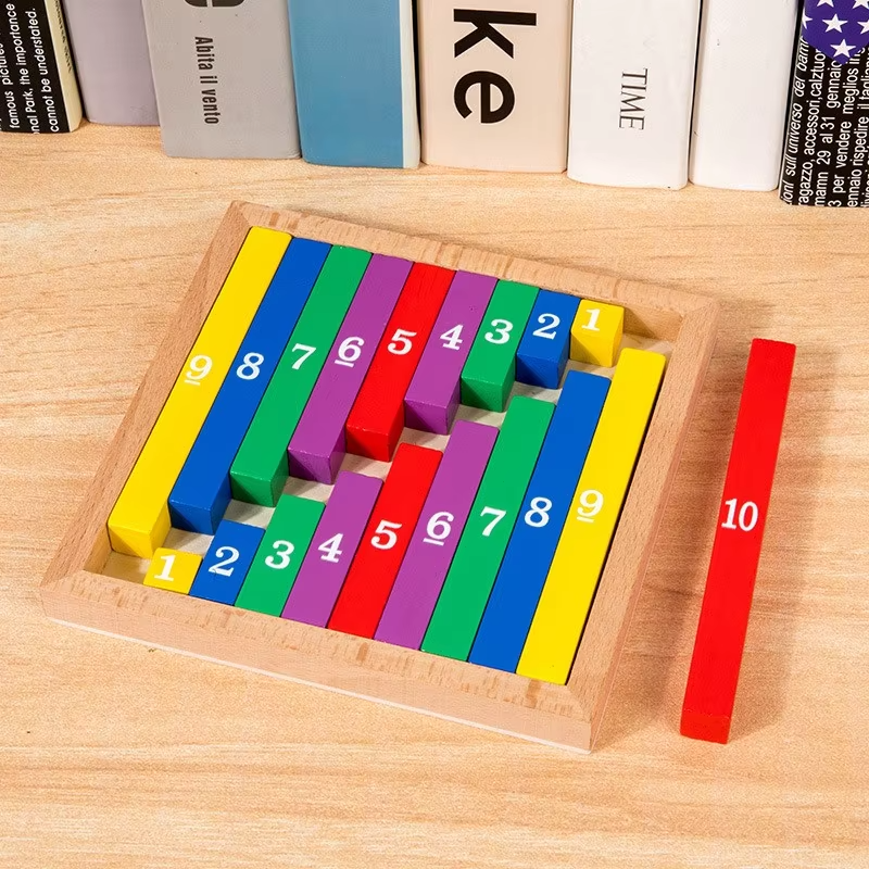 Wooden number puzzle with stepped arrangements and a red 10 rod beside the tray