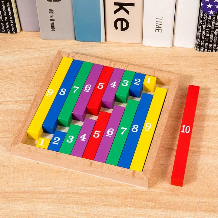 Wooden number puzzle with stepped arrangements and a red 10 rod beside the tray