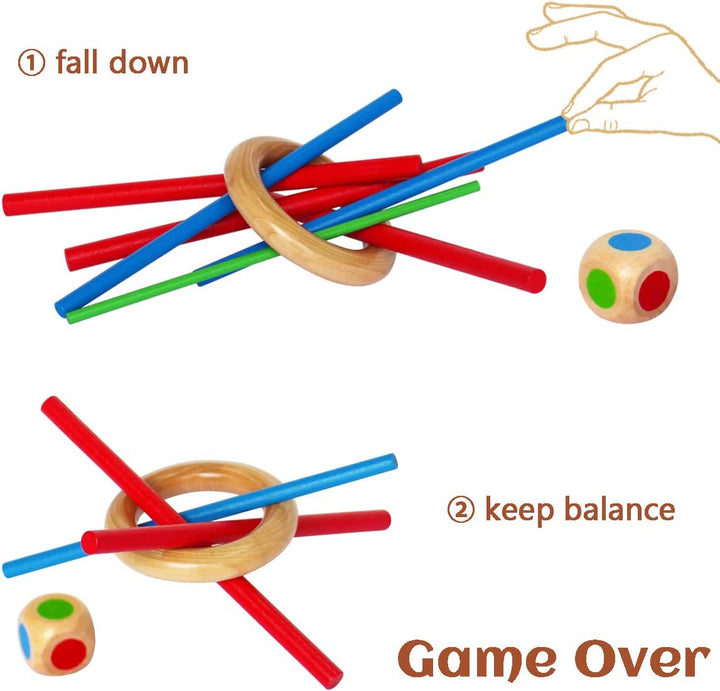 Two diagrams show wooden sticks falling or staying balanced inside a ring.