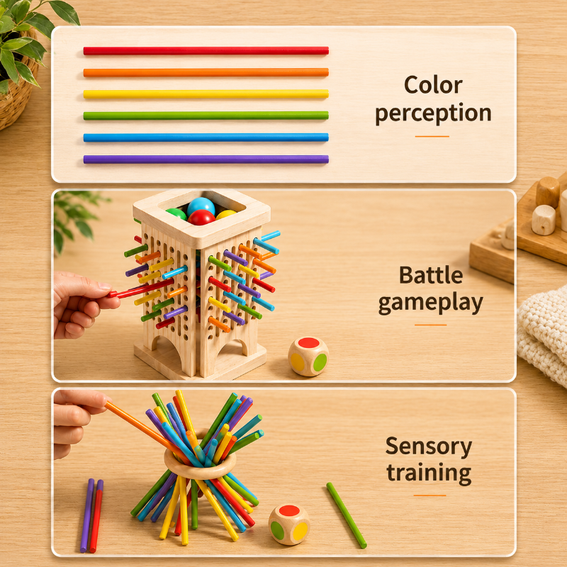 Three panels showing colored sticks, tower gameplay, and a balancing-ring challenge.