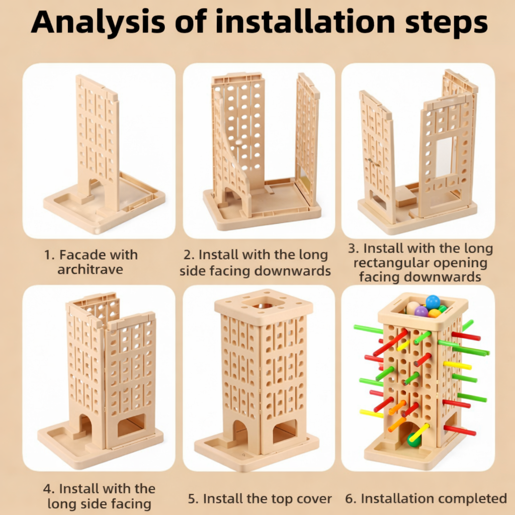 Six-step assembly guide showing the tower panels, top cover, and inserted sticks