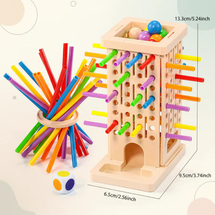 Dimension diagram of the stick-pulling tower beside colorful sticks, a ring, and a die