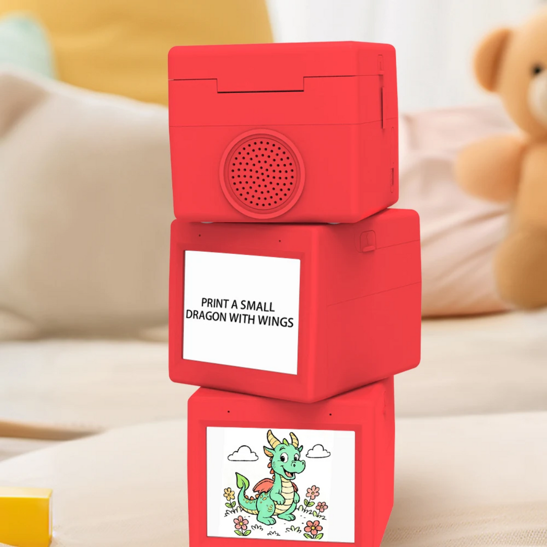 Red sticker printer views showing the rear speaker, a written prompt, and a dragon design