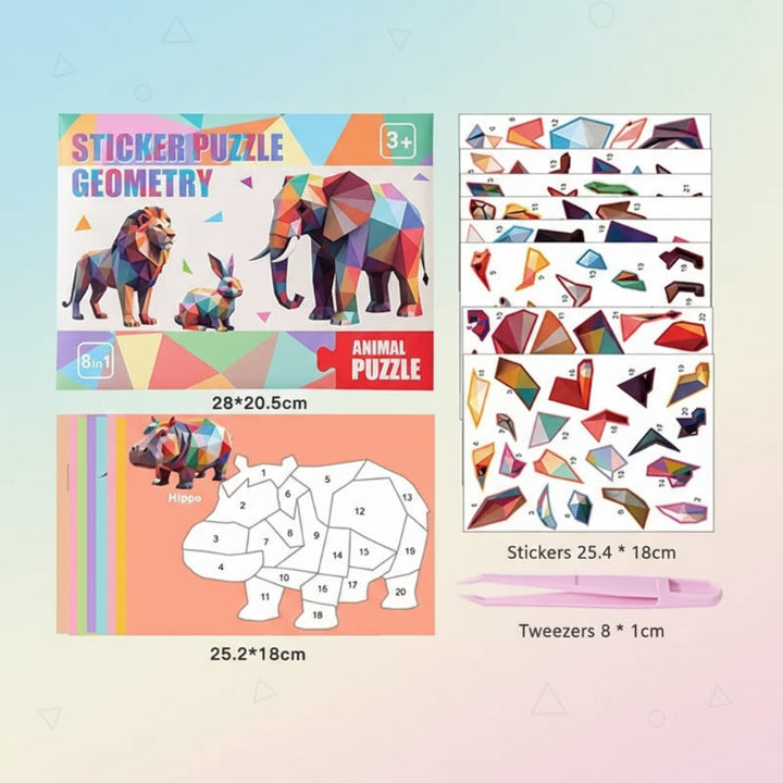 Measurements for the sticker puzzle box, puzzle sheets, sticker sheets, and tweezers