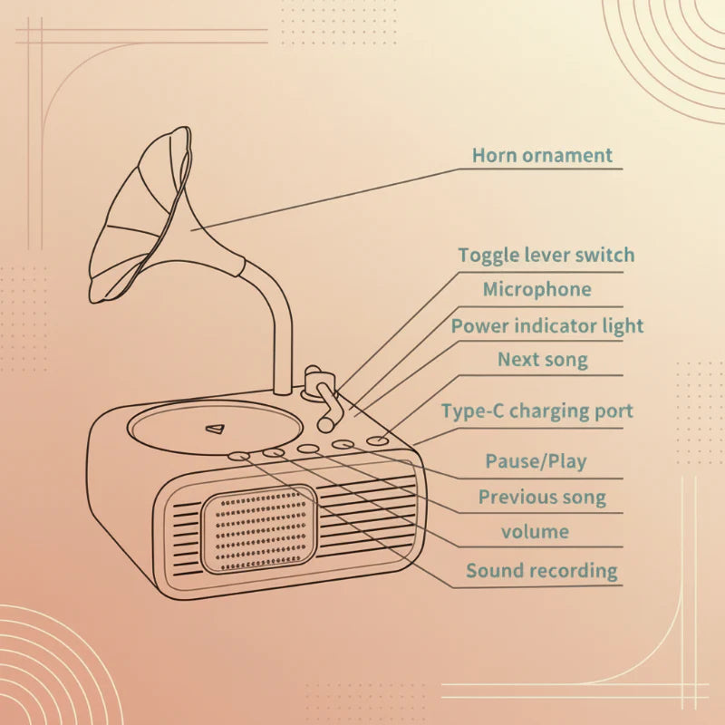 Story player diagram labeling playback controls, microphone, volume, and USB-C charging port