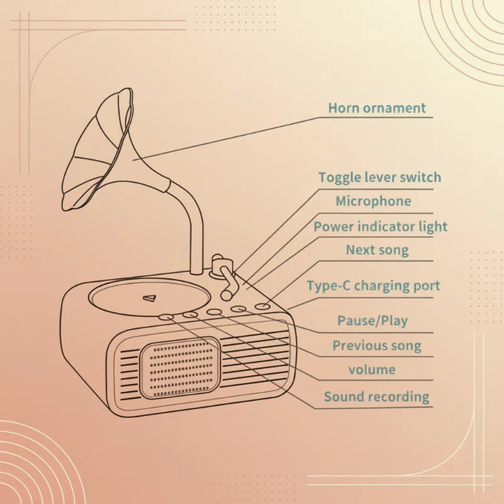 Story player diagram labeling playback controls, microphone, volume, and USB-C charging port