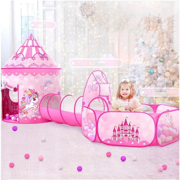 Pink castle play tent connected to a crawl tunnel and ball pit with a raised backboard.