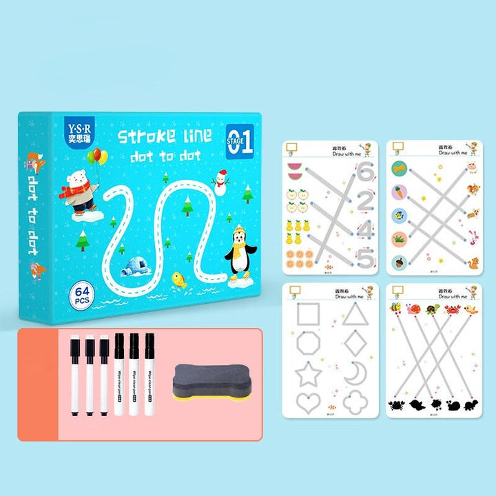 Straight-line tracing workbook with shape and path activities, six markers, and an eraser.