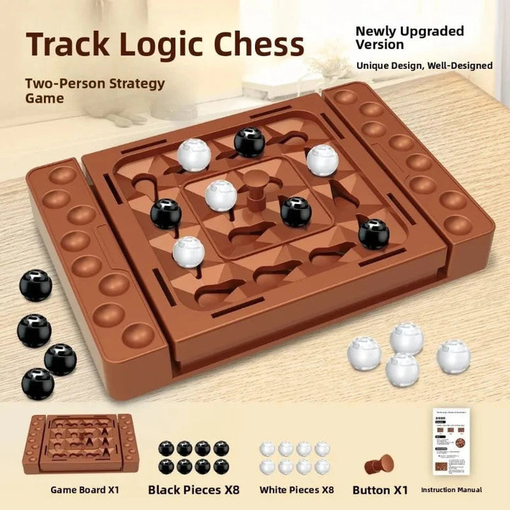 Game set showing the brown board, 8 black pieces, 8 white pieces, a control button, and instructions