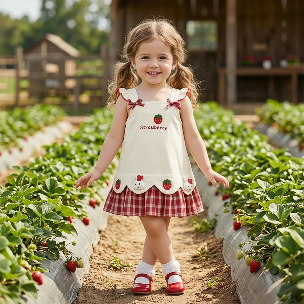Girl wearing a cream strawberry and bunny dress while standing between strawberry plants