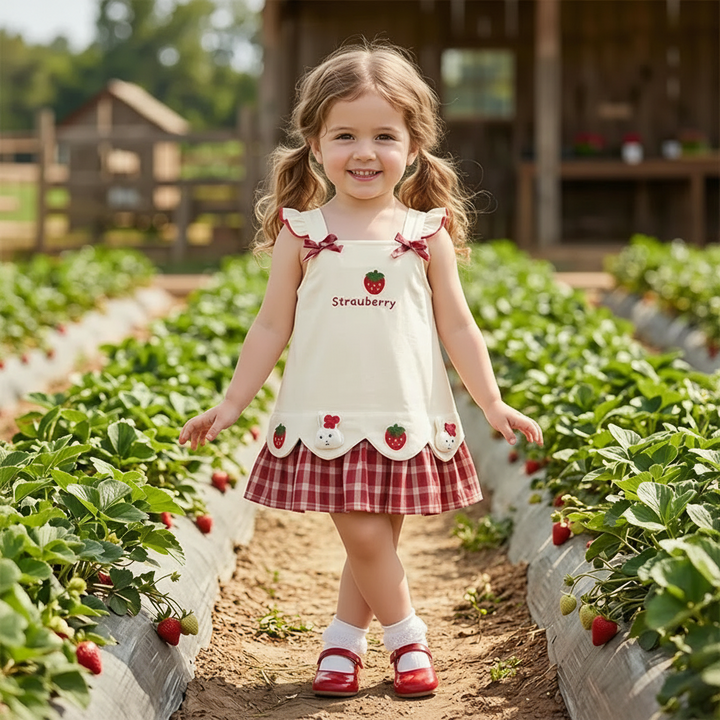 Girl wearing a cream strawberry and bunny dress while standing between strawberry plants
