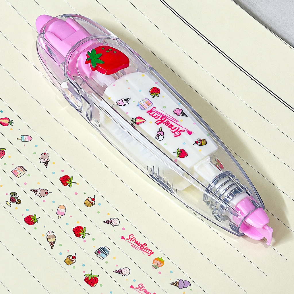 Pink-accented decorative tape dispenser with a strawberry detail beside fruit and dessert patterns.
