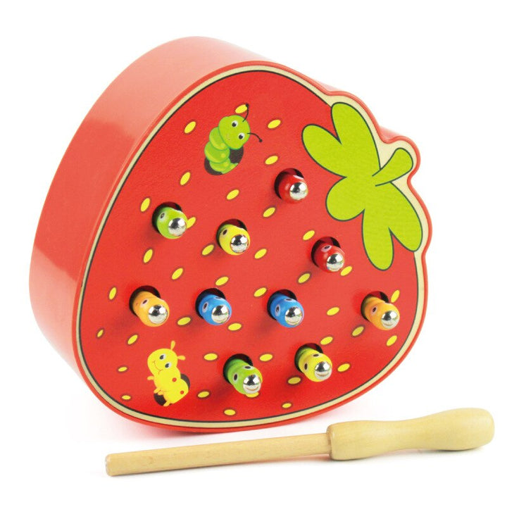 Strawberry-shaped wooden worm game with a magnetic fishing rod