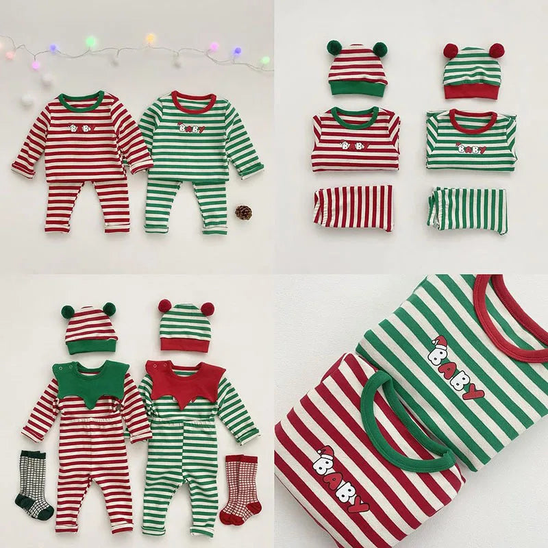 Collage of red and green baby pajamas showing tops, pants, hats and neckline details