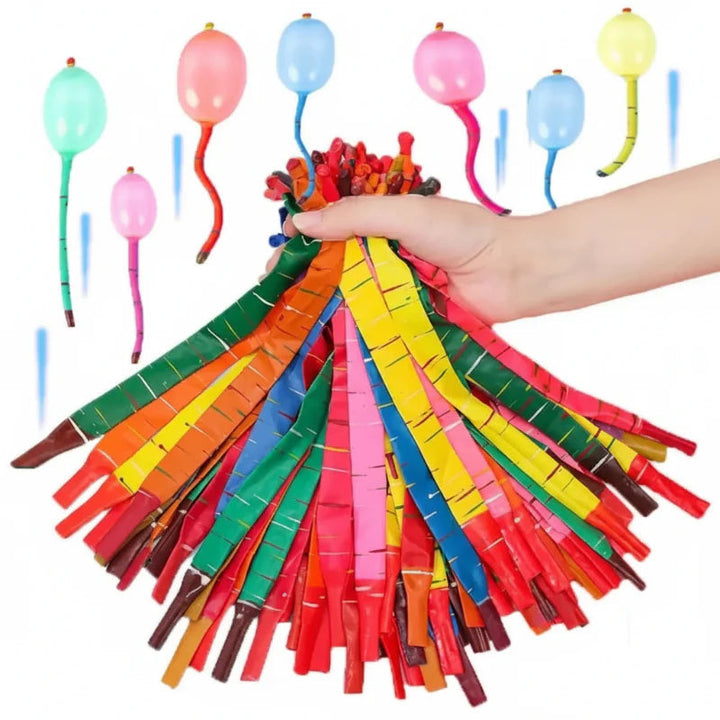 Hand holding multicolor striped rocket balloons beneath balloon illustrations