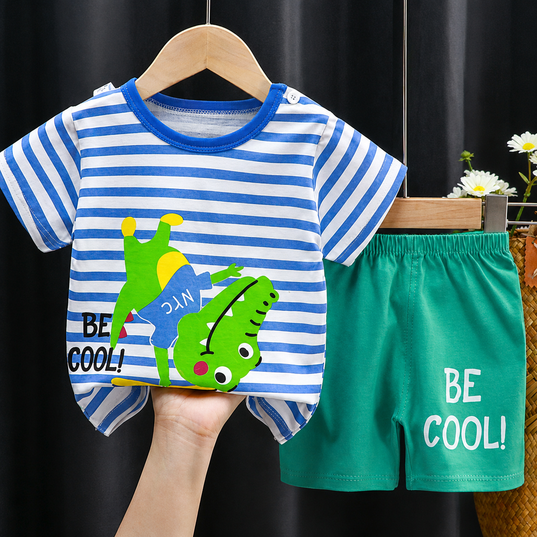 Blue-and-white striped crocodile shirt paired with green shorts.