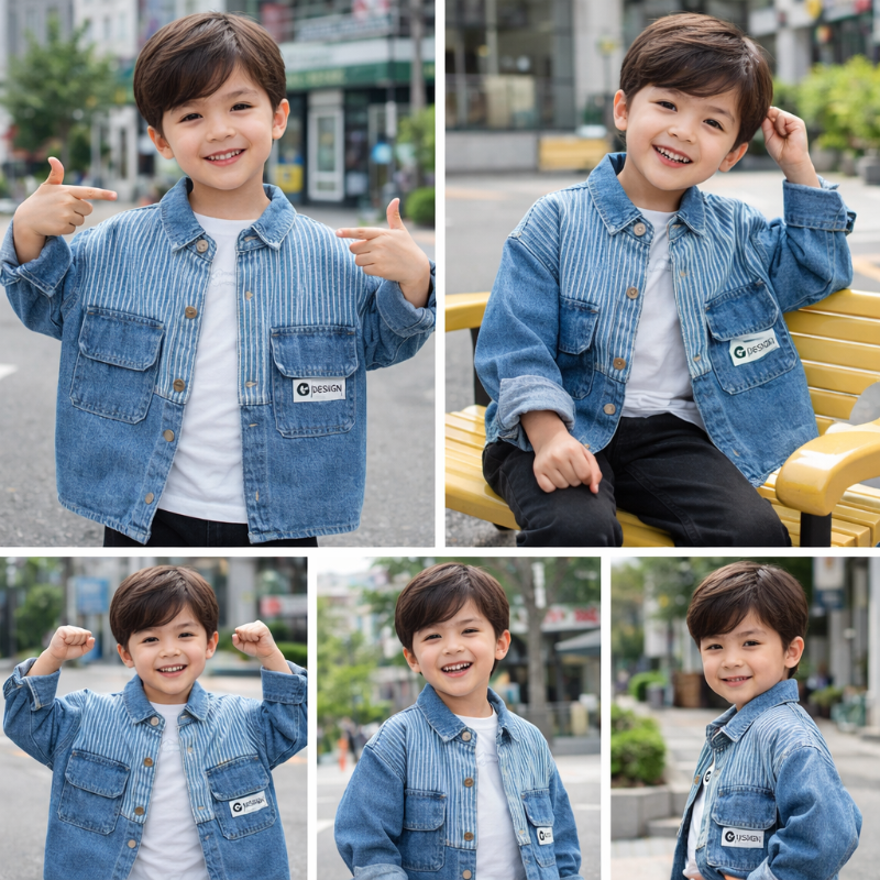 Five views of a boy wearing the striped denim jacket standing and sitting outdoors.