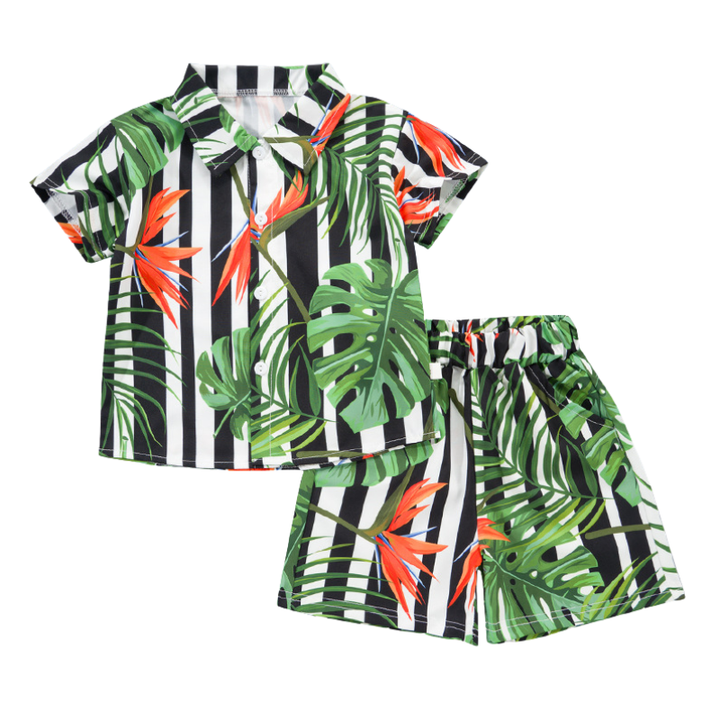 Black-and-white striped shirt and shorts with green leaves and orange flowers