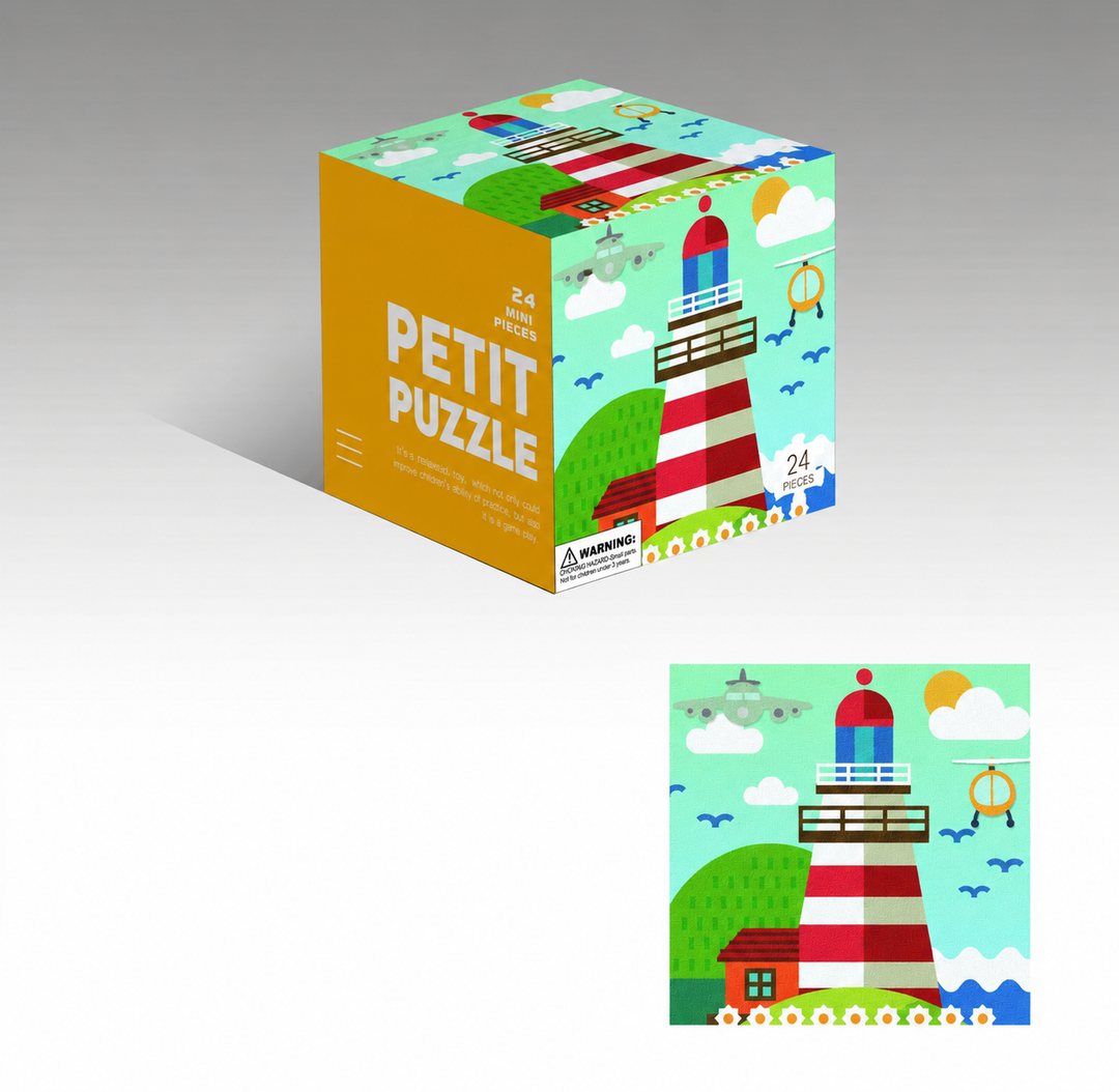 Striped lighthouse jigsaw puzzle with a coastal scene and a matching cube box