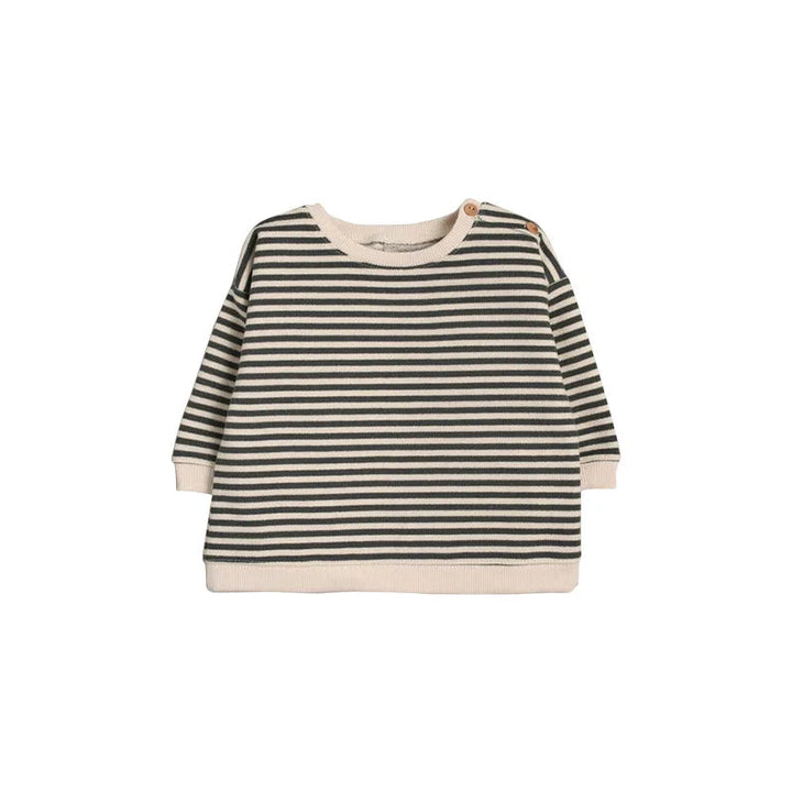 Cream and dark striped long-sleeve baby T-shirt with shoulder fastenings