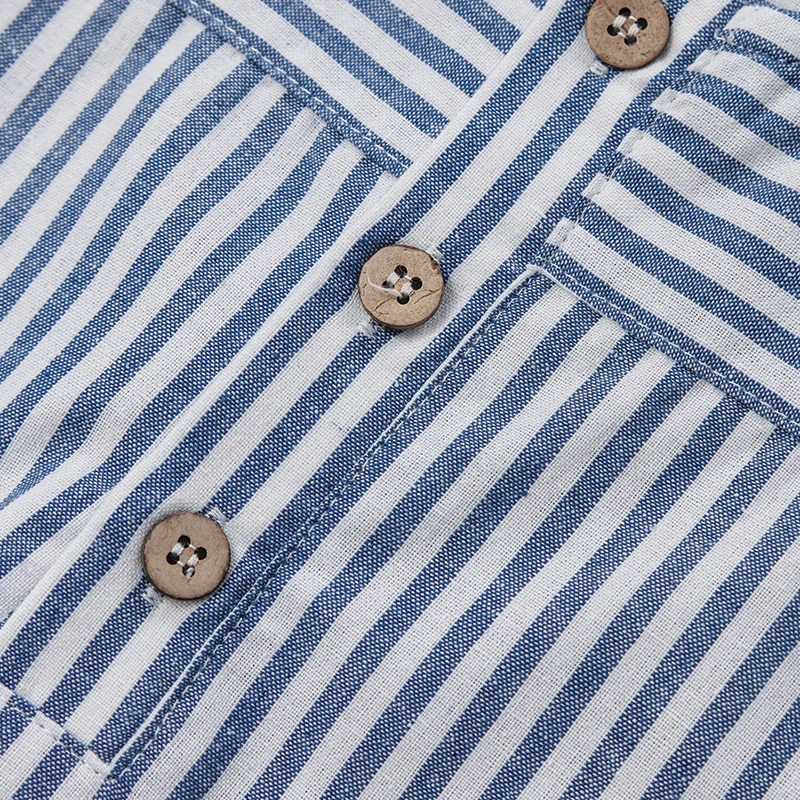 Close-up of the front buttons and contrasting stripe directions