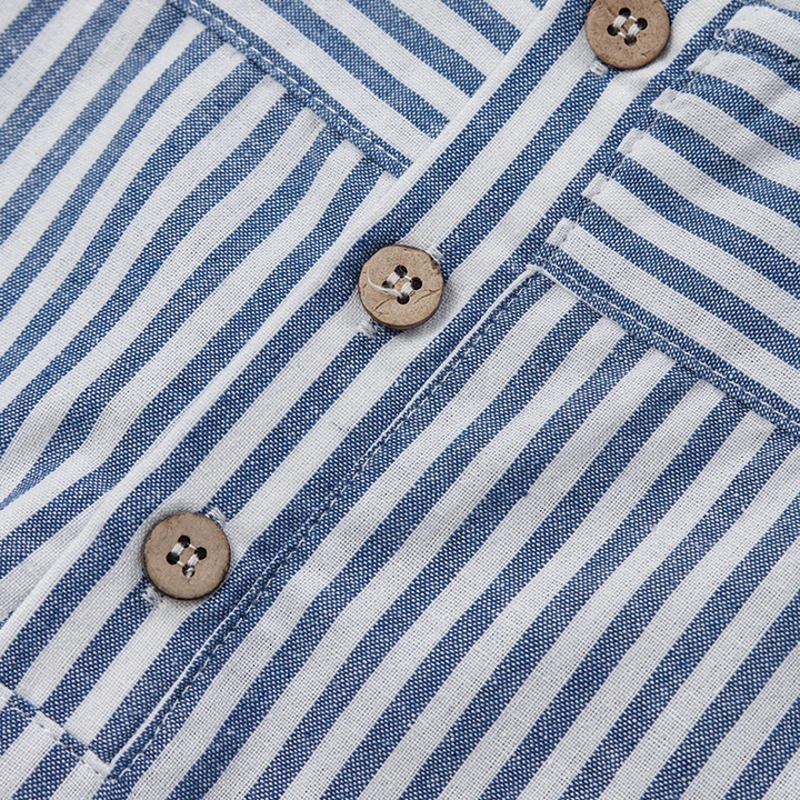 Close-up of the front buttons and contrasting stripe directions