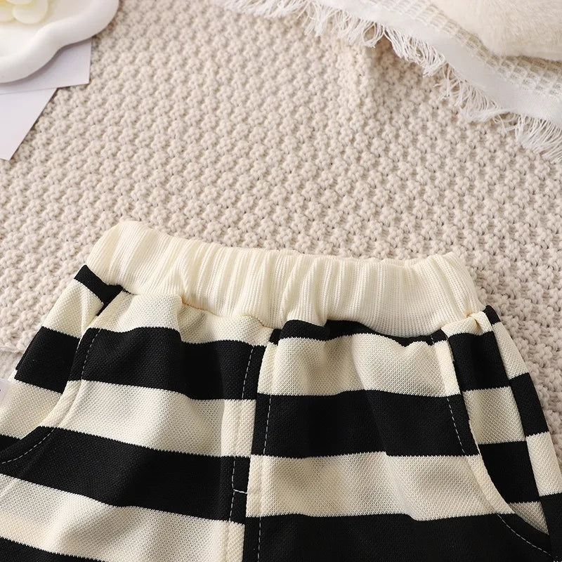 Front view of the striped shorts showing the elastic waistband and side pockets