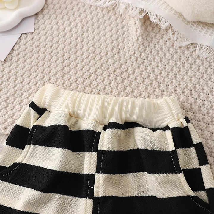 Front view of the striped shorts showing the elastic waistband and side pockets
