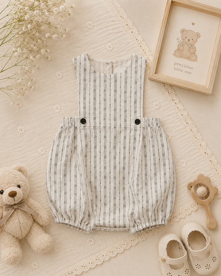 Sleeveless striped baby romper with a gathered bubble shape and two dark waist buttons.