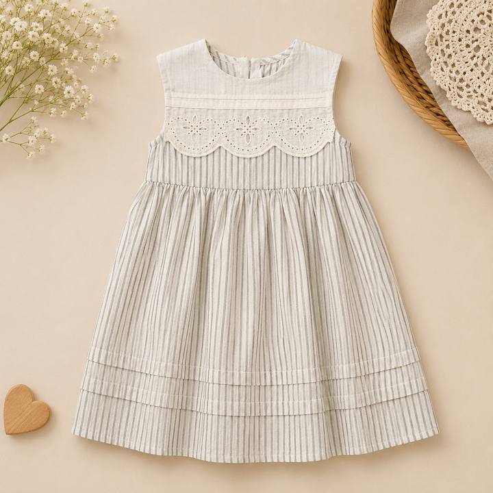 Fine-striped sleeveless dress with a scalloped lace bodice and gathered skirt.