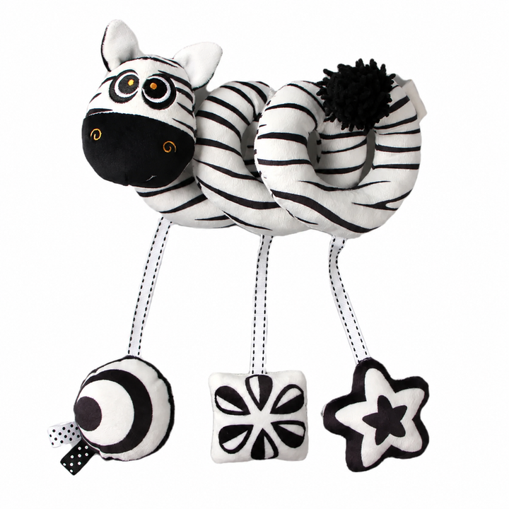 Striped zebra spiral activity toy with three hanging black-and-white patterned shapes.
