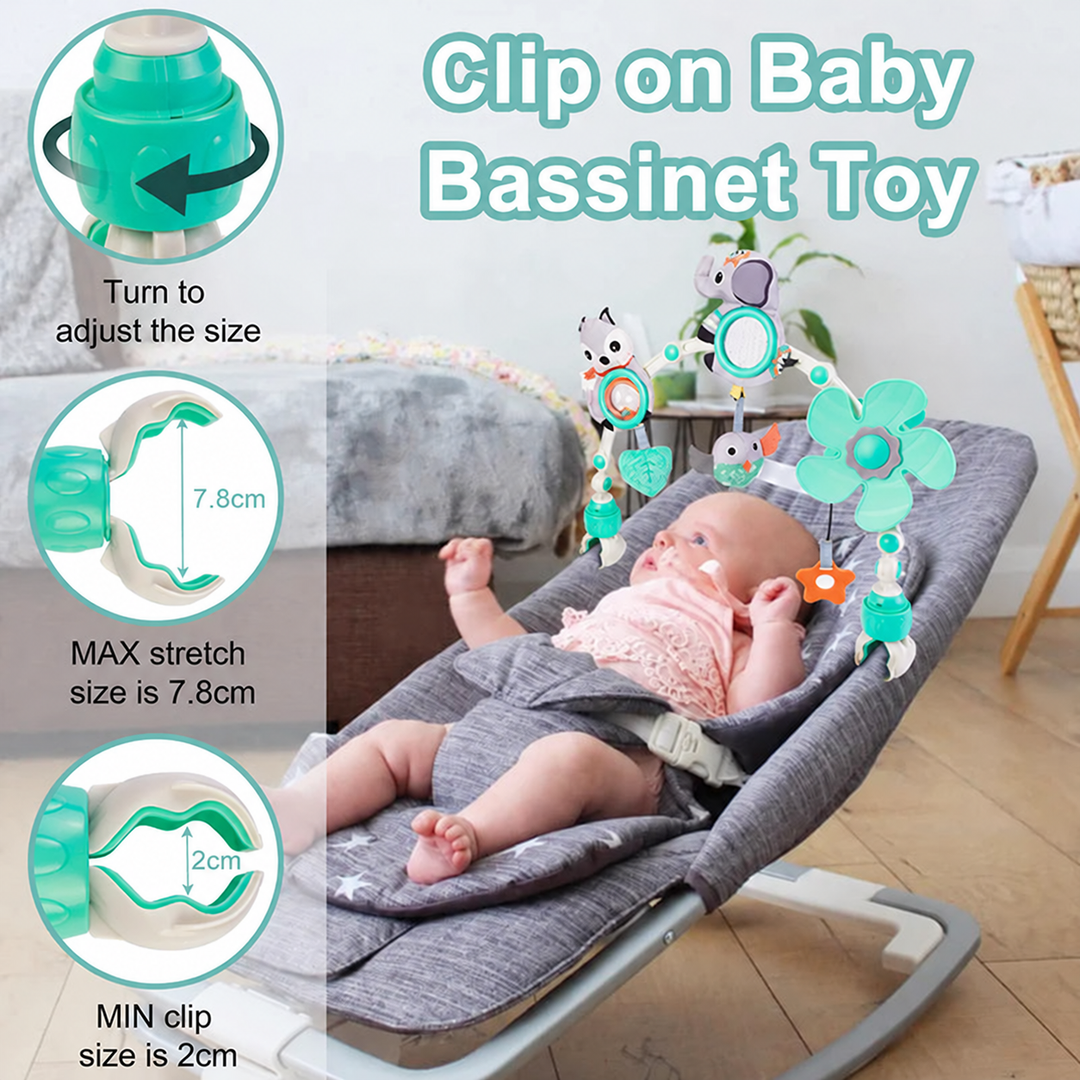 Baby in a bouncer with the musical toy arch, beside diagrams of the adjustable clips