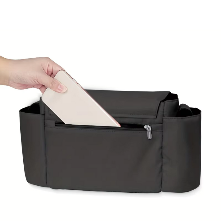 Black stroller organizer with an open zippered pocket and side bottle holders