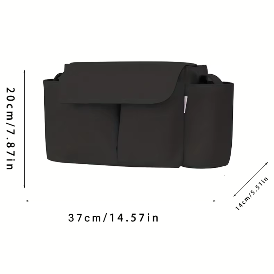 Black stroller organizer with width, height, and depth measurements