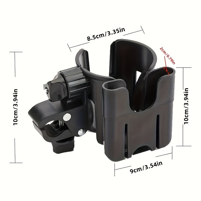 Black stroller cup and phone holder with height, width, and depth measurements.