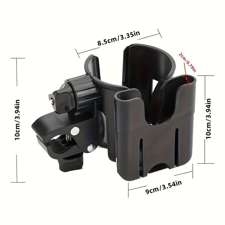 Black stroller cup and phone holder with height, width, and depth measurements.