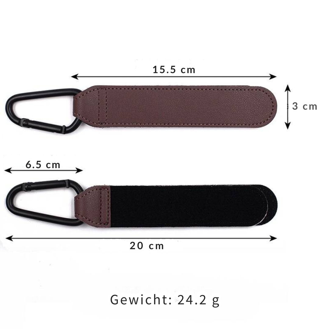 Stroller hook measurement diagram showing strap lengths, width, metal clip length, and listed weight