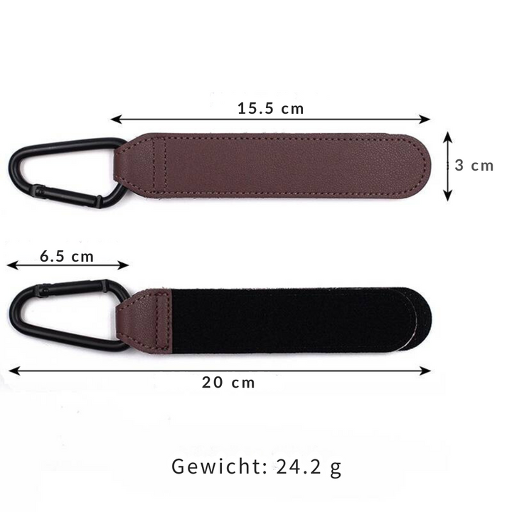 Stroller hook measurement diagram showing strap lengths, width, metal clip length, and listed weight