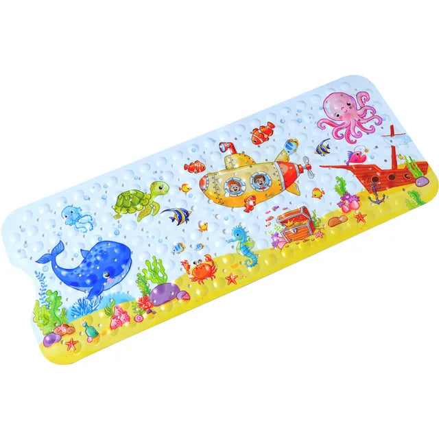 Underwater adventure bath mat with a yellow submarine, treasure chest, ship, and sea animals