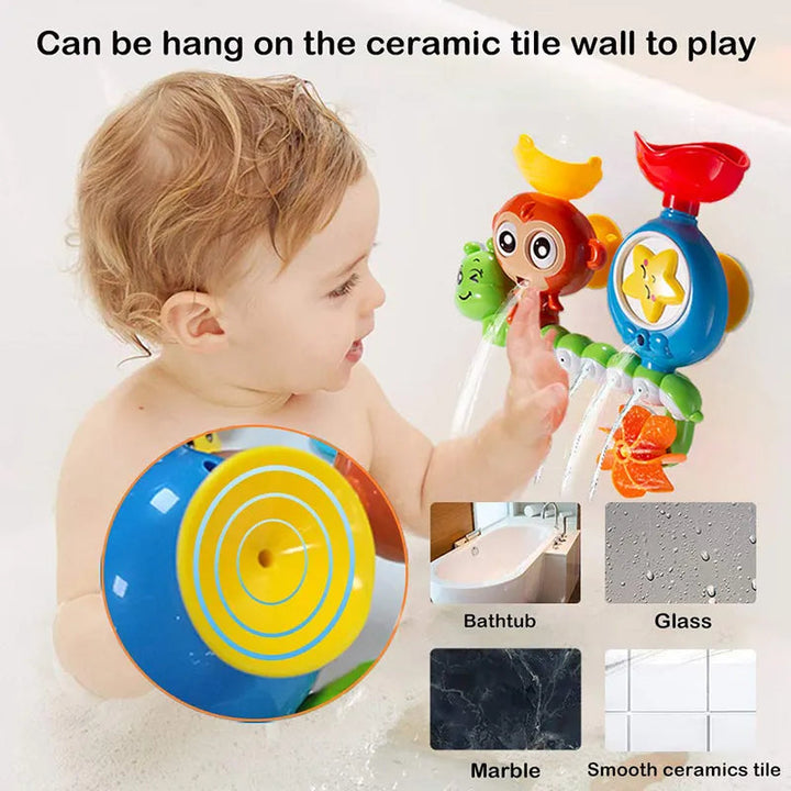 Child using the mounted bath toy, with a suction-cup close-up and compatible smooth surfaces shown